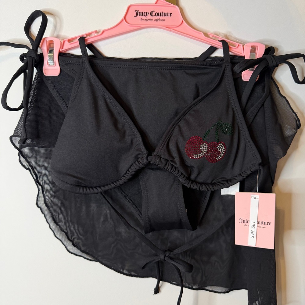 New Juicy Couture M Black Charm Cherry Bikini Skirt Bathing Suit Swim Clothing